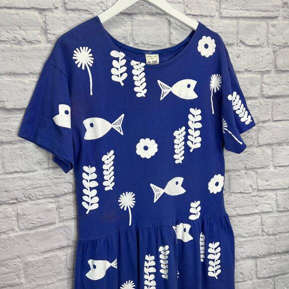 VTG Cotton Fields by M Mac Womens Petite L Blue Stencil Fish Print Maxi Dress - Picture 3 of 6